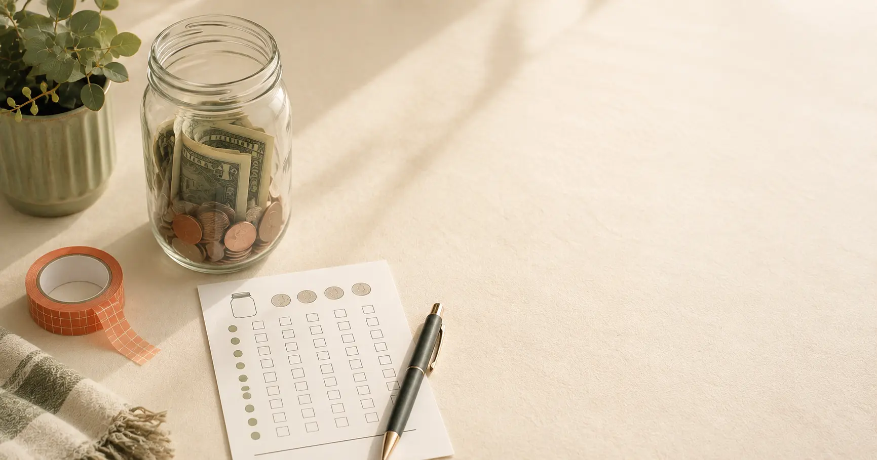 Hand dropping coins into a labeled savings jar